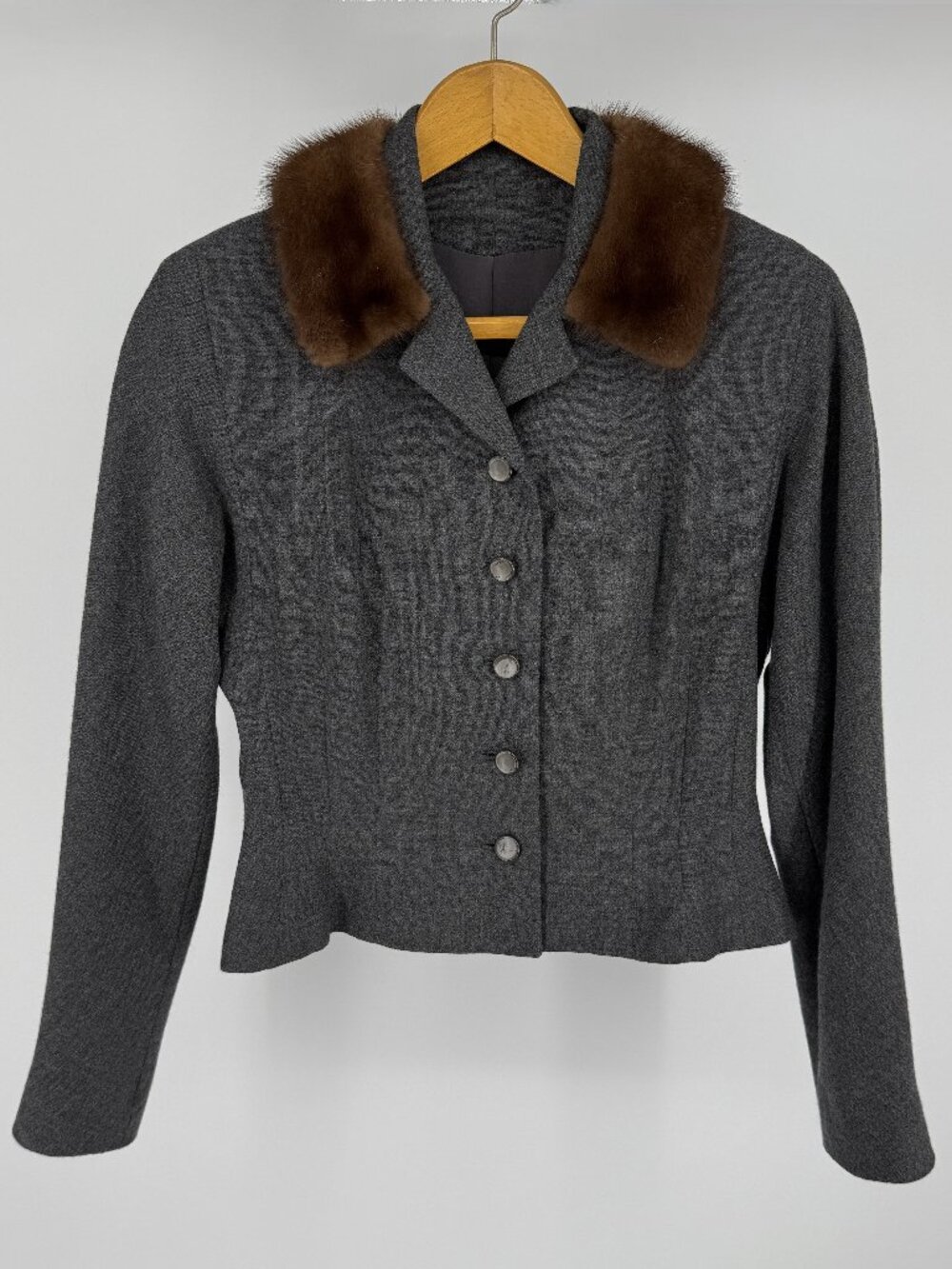 Vintage 40s Forstmann Grey Wool Genuine Fur Collar Jacket M
